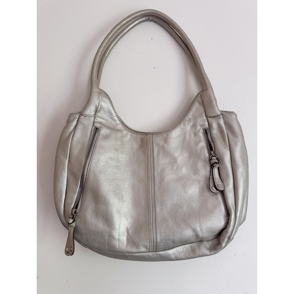 Tignanello Silver Metallic Pebbled Leather Hobo Shoulder Bag Y2K Large